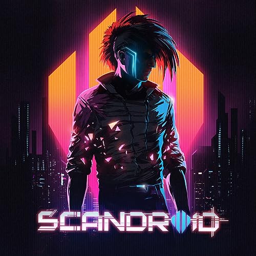 A person with a mohawk stands before a neon cityscape with the text SCANDROID.