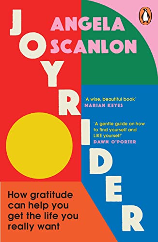Book cover: "Joyrider" by Angela Scanlon, colorful geometric design.