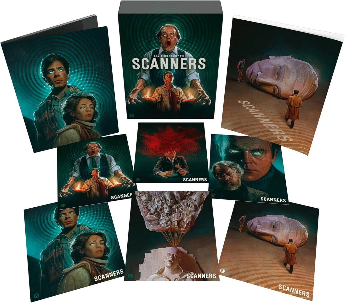 Scanners" Blu-ray packaging with unsettling imagery of people and a floating sphere.