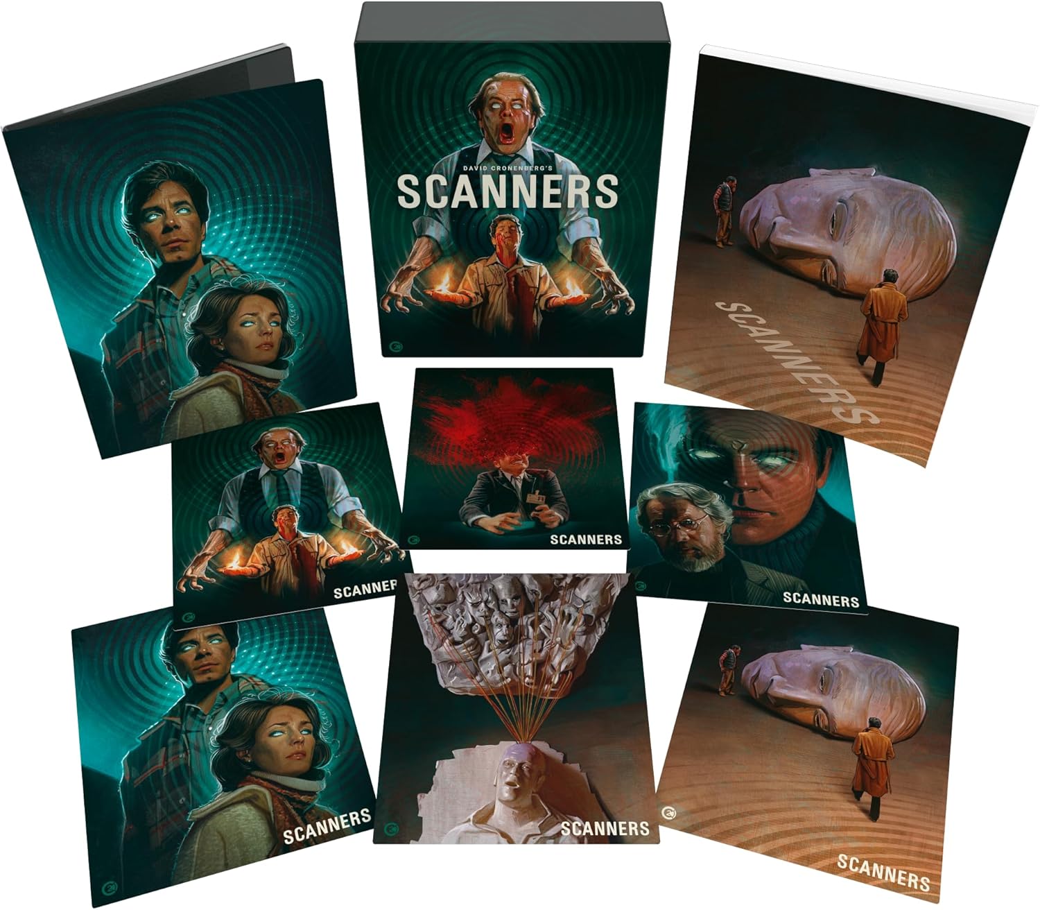 Scanners" Blu-ray packaging with unsettling imagery of people and a floating sphere.