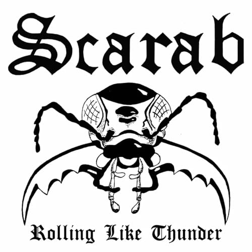 Black and white image of a scarab beetle with band name and title.