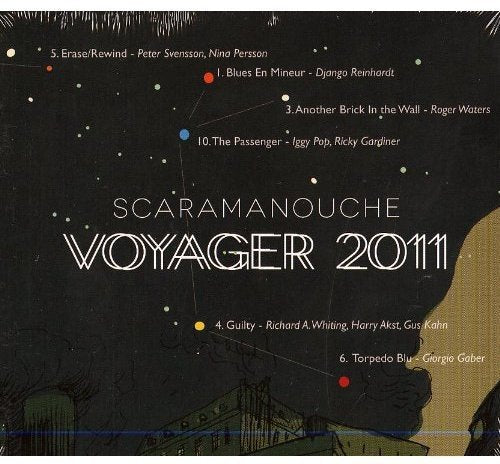 "CD cover art with starry night sky and cityscape, titled 'Scaramouche Voyager 2011'."