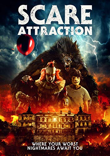 DVD cover for "Scare Attraction" showing a haunted house and horror characters.