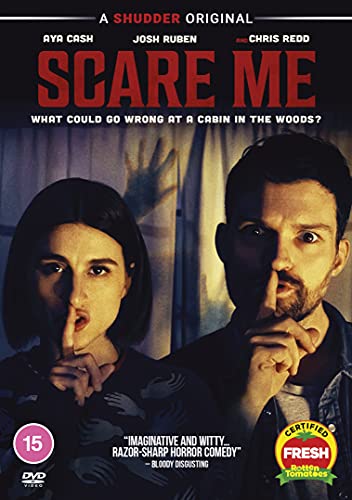 "DVD cover for 'Scare Me' with a man and woman making silence gestures."