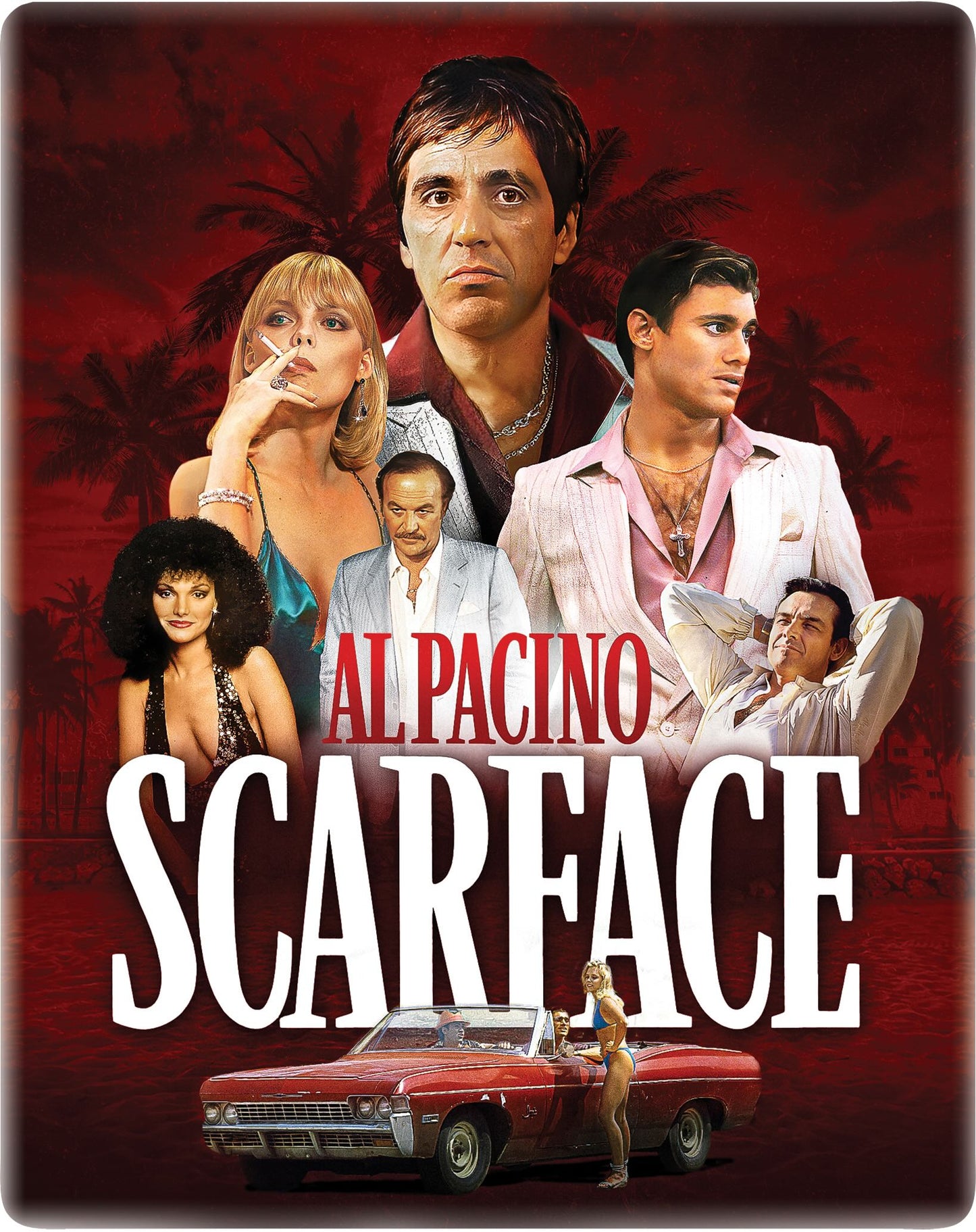 Scarface movie poster featuring Al Pacino and cast members over a red palm background.
