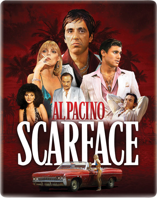 Scarface movie poster featuring Al Pacino and cast members over a red palm background.
