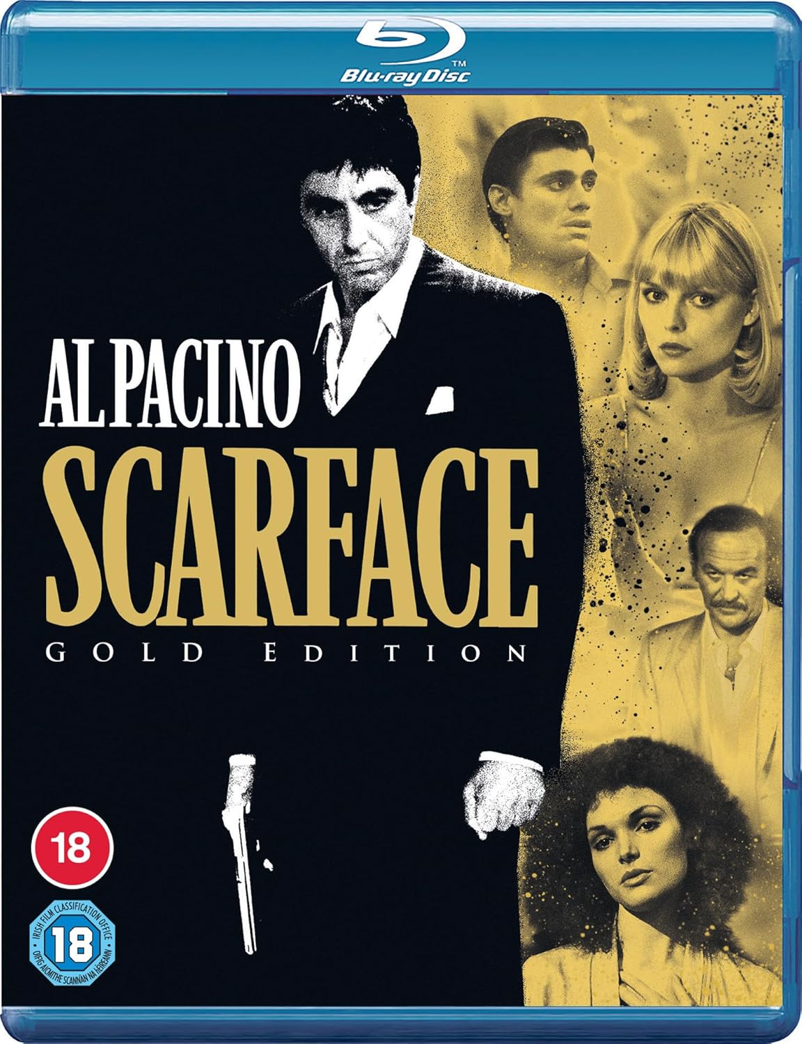Scarface Blu-ray cover featuring Al Pacino, gold text, and film characters.
