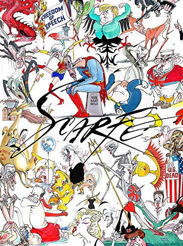 Book cover with chaotic, colorful cartoon illustrations and large title "Scarfe".