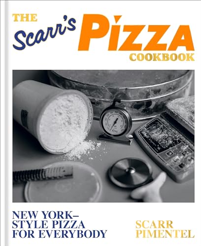 Cookbook cover with pizza ingredients and tools in grayscale.