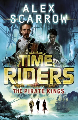 Book cover featuring two men in pirate attire, a ship, and three figures walking.