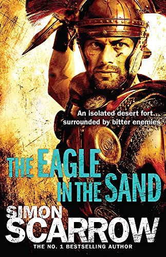 Roman soldier in golden armor, close-up, against a sandy, textured background.