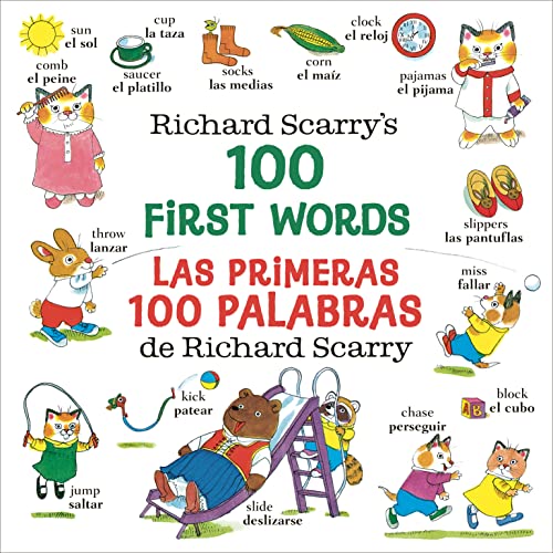 Cover of Richard Scarry's 100 First Words book featuring illustrated animals and bilingual labels.