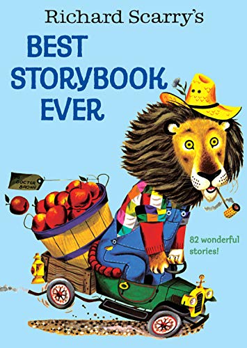Vintage storybook cover featuring a lion, apples, and a small car.