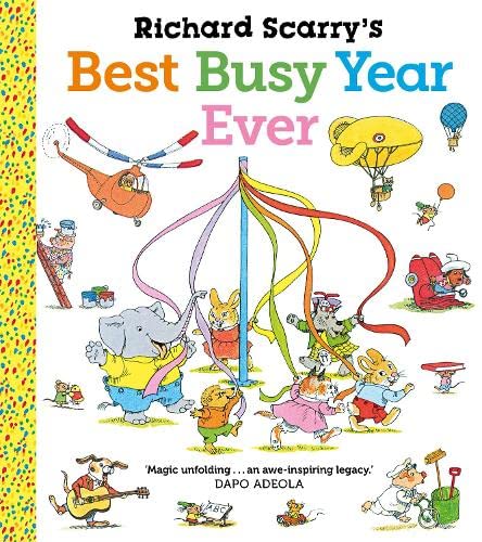 Richard Scarry's book cover with animal characters celebrating and colorful ribbons.