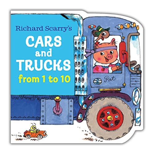 A pig driving a blue truck with a small bug in a car below.
