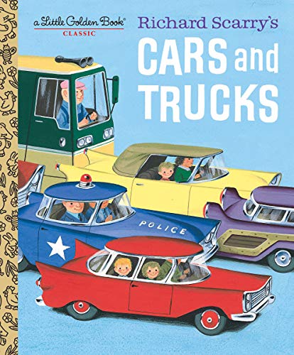 Cover of Richard Scarry's Cars and Trucks featuring various colorful vehicles with animal drivers.