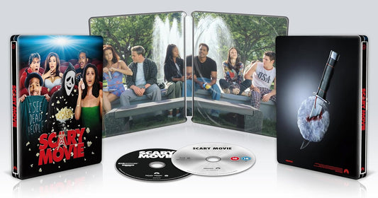 SteelBook Blu-ray case for "Scary Movie" featuring cast and Ghostface.
