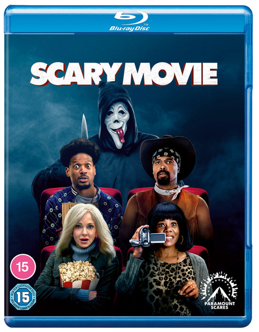 Scary Movie" (2026) Blu-ray cover with characters and a Ghostface mask.