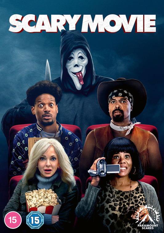 Scary Movie" (2026) DVD cover featuring four surprised actors and a masked figure.