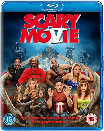Blu-ray cover art for Scary Movie 5 featuring a cast of actors in theater seats.