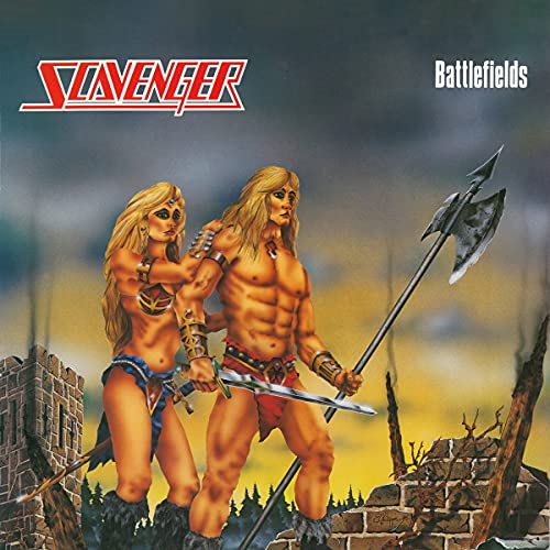 Album cover: Scavenger - Battlefields, depicting two warriors in a landscape.