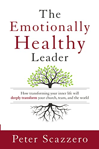 Book cover for The Emotionally Healthy Leader by Peter Scazzero featuring a tree illustration.