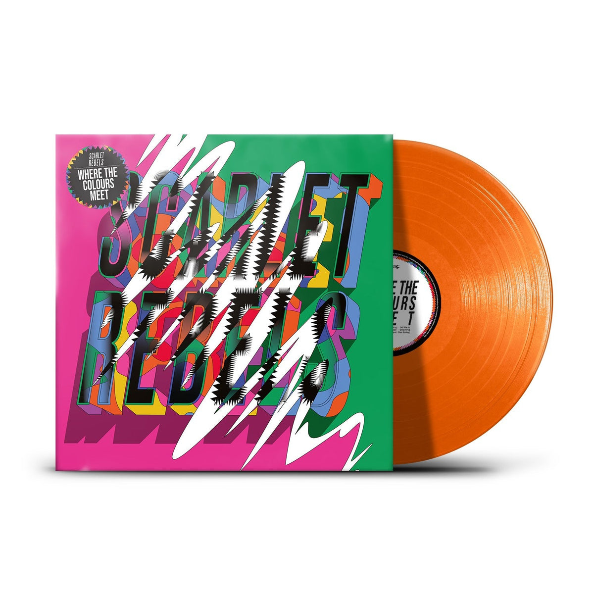 Orange vinyl record with colorful, abstract album art and white text.