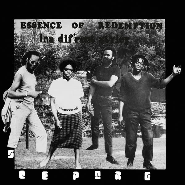 Black and white vinyl record cover featuring a group portrait of four people.