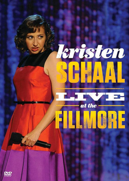 Kristen Schaal on DVD cover, performing live in a red dress.