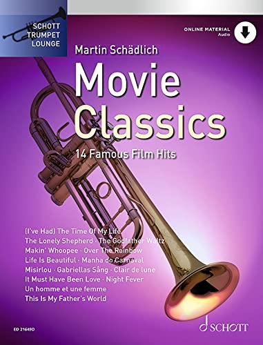 Sheet music cover for "Movie Classics" with a golden trumpet image.