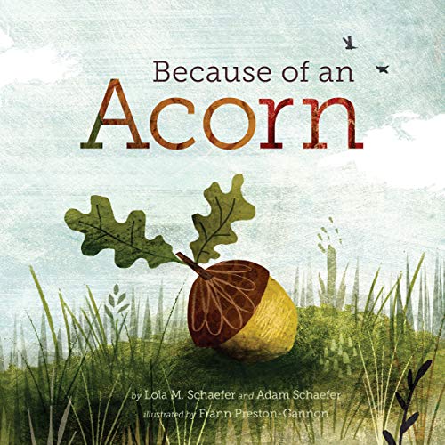 Book cover showing an acorn on a grassy hill with the title Because of an Acorn.