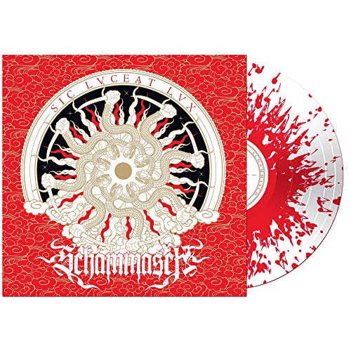 Red vinyl record with ornate gold and black sun-snake design.