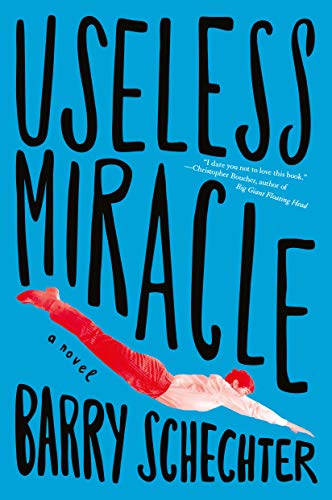 Book cover: “Useless Miracle” with a red-suited figure in a diving pose.