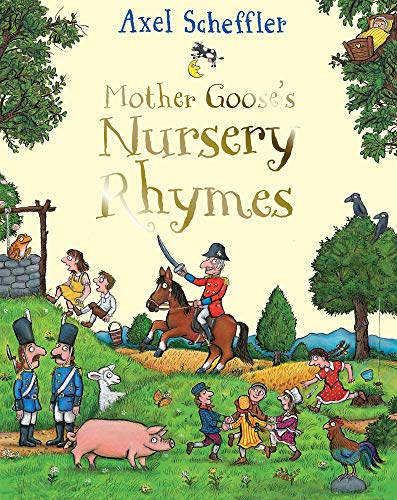 Book cover illustration by Axel Scheffler featuring various nursery rhyme characters in a landscape.