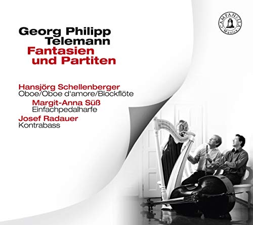 CD cover featuring text and three musicians with a harp, oboe, and double bass.