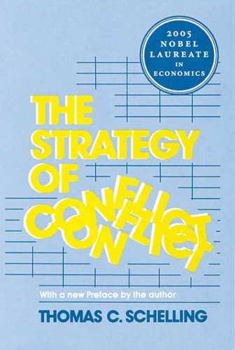 Book cover for The Strategy of Conflict by Thomas C. Schelling on blue background.