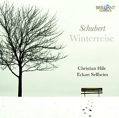CD cover: bare tree, snowy landscape, bench, text “Schubert Winterreise”.