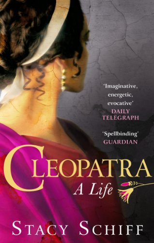 Book cover: portrait of a woman with the title "Cleopatra" in gold lettering.