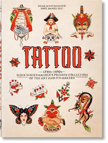Book cover titled Tattoo featuring various vintage tattoo illustrations including a ship, dragon, and skull.