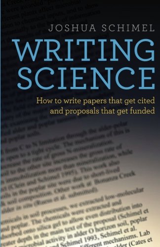 Book cover: "Writing Science" with blurred text background, blue title.
