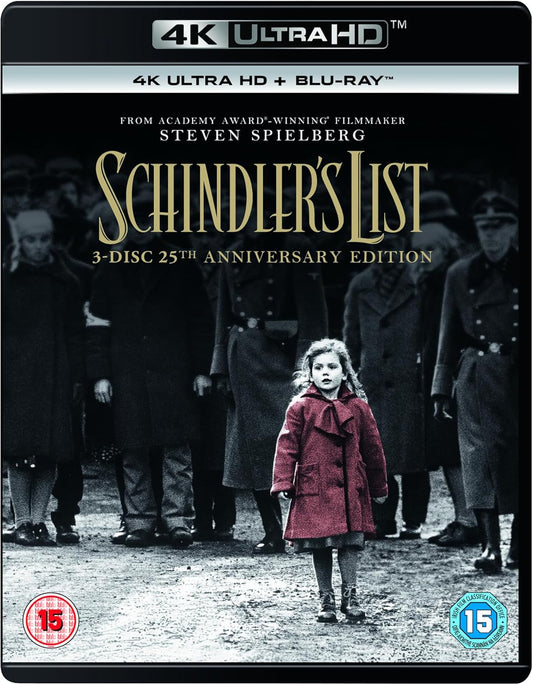 Schindler's List 4K Ultra HD Blu-ray cover featuring a girl in a red coat.