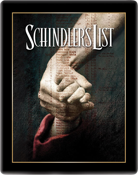 Movie poster for Schindler's List featuring clasped hands and text overlay.