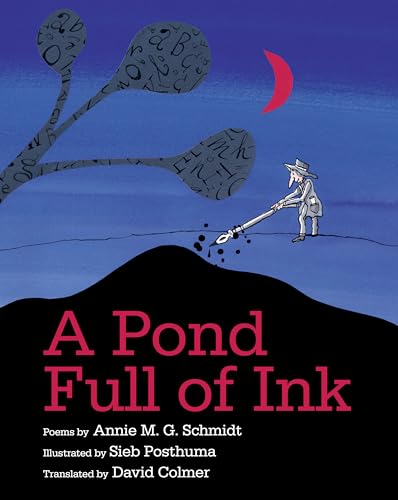 Book cover: man writing with ink into a dark pond under a moon.