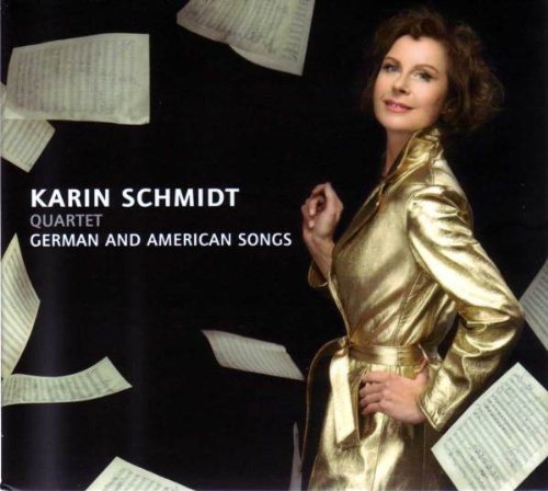 Karin Schmidt portrait, gold jacket, sheet music background, CD cover.