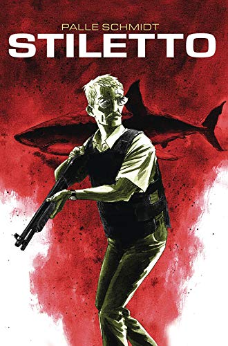 A man with glasses and a tactical vest holds a shotgun against a red background.