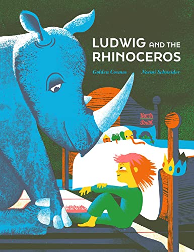 Blue rhinoceros looms over a child in bed, illustrated book cover.