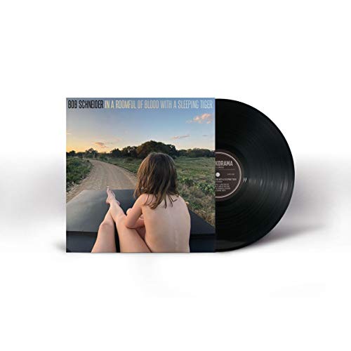 Vinyl record with cover art depicting a person sitting on a car.