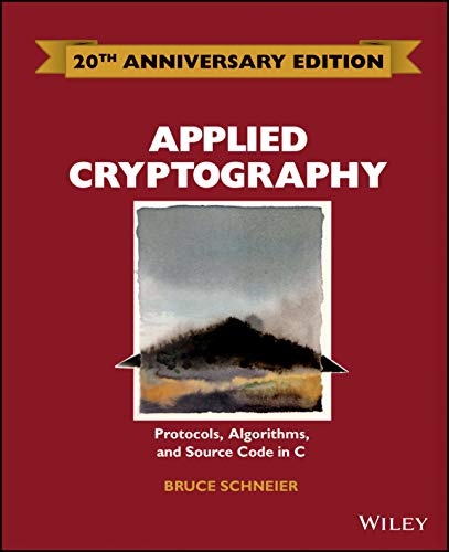Red book cover with white text: "Applied Cryptography" and abstract art.
