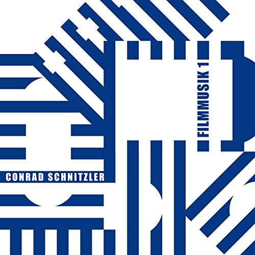 A vinyl record cover with a white background and blue geometric shapes and text.