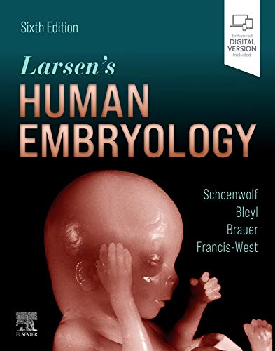 Textbook cover for "Larsen's Human Embryology" featuring a fetal image.